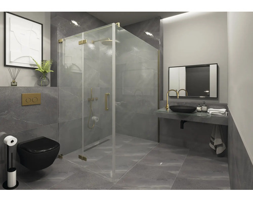 Modernes Bad mit Glas-Duschkabine mit Gold-Details, grauen Fliesen, schwarzem Wand-WC und Waschtisch mit goldener Armatur.