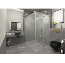 Modernes Badezimmer mit barrierefreier Glasdusche, Wand-WC, Aufsatzwaschbecken und Armaturen in Messingoptik.