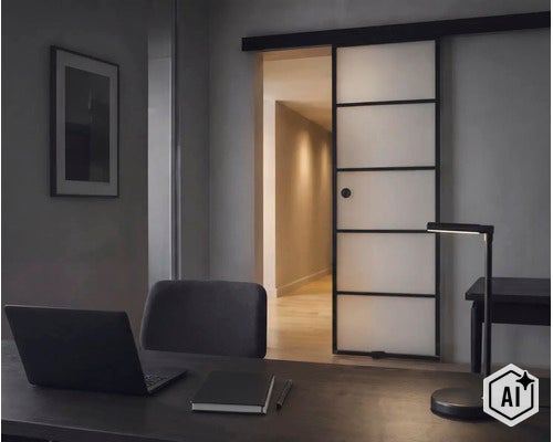 Ein Arbeitszimmer mit einem Schreibtisch, einer LED-Schreibtischlampe und einer modernen Schiebetür aus Glas mit schwarzem Rahmen. (Image AI modified or generated)