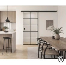 Schiebetür aus Glas mit schwarzem Metallrahmen und Sprossen in einem hellen, modern eingerichteten Wohnbereich mit Esstisch und Küche. (Image AI modified or generated)