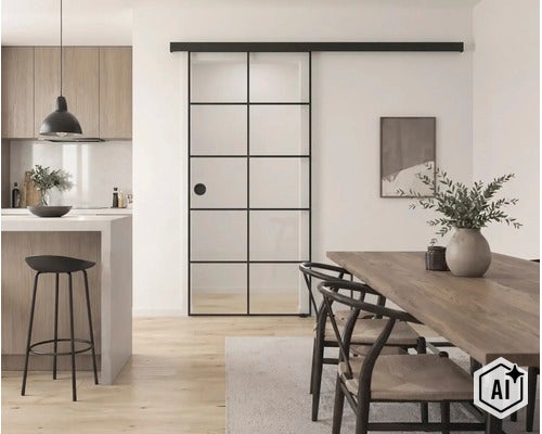 Schiebetür aus Glas mit schwarzem Metallrahmen und Sprossen in einem hellen, modern eingerichteten Wohnbereich mit Esstisch und Küche. (Image AI modified or generated)