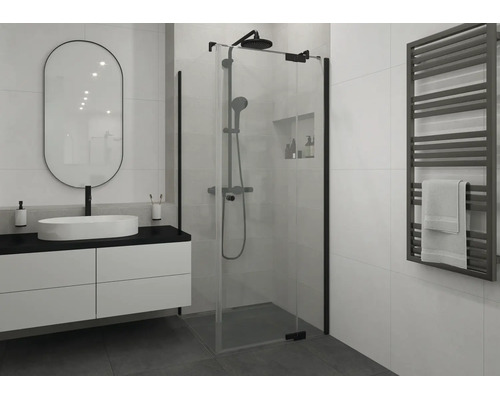 Modernes Badezimmer mit Glasdusche, schwarzer Duscharmatur, weißem Aufsatzwaschbecken und grauem Handtuchheizkörper.