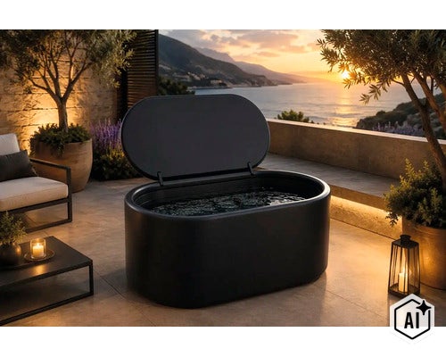 Ovale Kaltwasserwanne mit geöffnetem Deckel auf einer Terrasse mit Meerblick beim Sonnenuntergang (Image AI modified or generated)