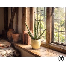 Aloe Vera Zimmerpflanze in einem beigen Keramiktopf auf einem rustikalen Holzfensterbrett vor einem hellen Sprossenfenster. (Image AI modified or generated)