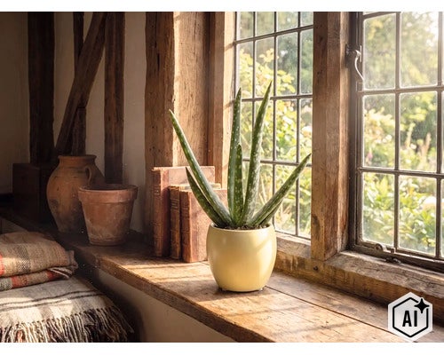 Aloe Vera Zimmerpflanze in einem beigen Keramiktopf auf einem rustikalen Holzfensterbrett vor einem hellen Sprossenfenster. (Image AI modified or generated)