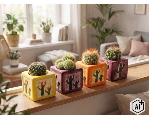 Vier kleine Kakteen in quadratischen Keramiktöpfen mit Kaktusmotiv auf einem Holzregal in einem hellen, modern eingerichteten Wohnzimmer. (Image AI modified or generated)