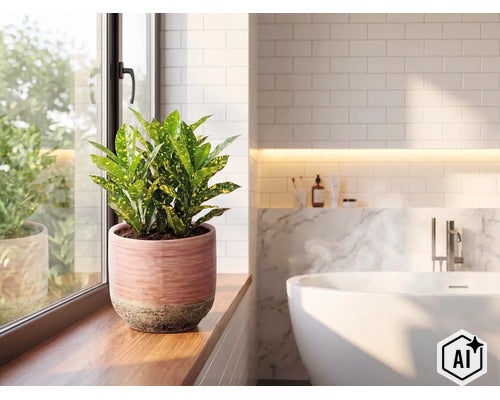 Grüne Pflanze mit gelben Sprenkeln in einem Keramiktopf auf einem Holzfensterbrett in einem hellen, modernen Badezimmer mit Badewanne. (Image AI modified or generated)