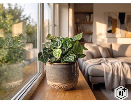 Zimmerpflanze mit gemusterten Blättern in einem Keramiktopf auf einer Holzfensterbank in einem hellen, modernen Wohnzimmer. (Image AI modified or generated)