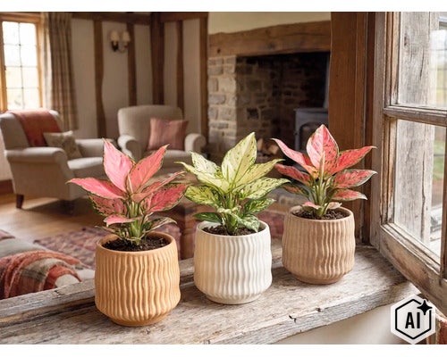 Drei Aglaonema-Zimmerpflanzen in strukturierten Keramiktöpfen auf einer rustikalen Holzfensterbank. (Image AI modified or generated)