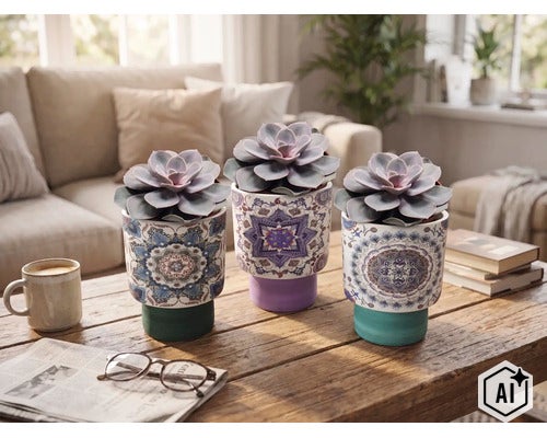 Drei Sukkulenten in Keramiktöpfen mit Mandala-Mustern auf einem hölzernen Couchtisch in einem hellen, organisierten Wohnzimmer mit Sofa. (Image AI modified or generated)