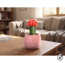 Erdbeerkaktus in strukturiertem Keramiktopf auf Holztisch. Helles, modernes Wohnzimmer mit Sofa und Regal im Hintergrund. (Image AI modified or generated)