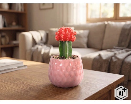 Erdbeerkaktus in strukturiertem Keramiktopf auf Holztisch. Helles, modernes Wohnzimmer mit Sofa und Regal im Hintergrund. (Image AI modified or generated)