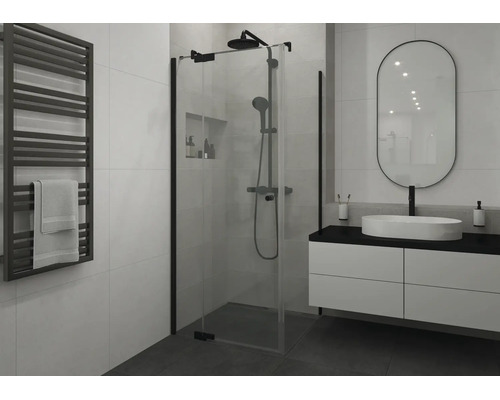 Modernes Badezimmer mit Glas-Duschkabine, schwarzem Duschsystem, weißem Waschtisch, ovalem Spiegel und schwarzem Handtuchheizkörper.