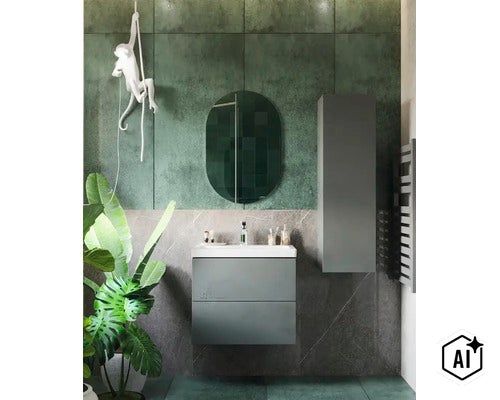 Modernes Badezimmer mit grauem Waschtischunterschrank inklusive Waschbecken, passendem Hochschrank, ovalem Spiegel und grünen Zimmerpflanzen. (Image AI modified or generated)