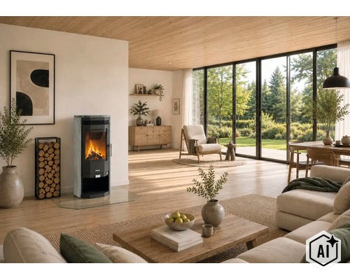 Moderner Kaminofen mit Natursteinverkleidung in einem hellen, großzügigen Wohnzimmer mit Holzdecke und großen Glasfronten zum Garten. (Image AI modified or generated)