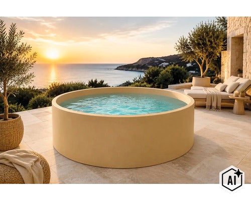 Runder Whirlpool auf einer gefliesten Terrasse mit Meerblick bei Sonnenuntergang, Liegestuhl und Olivenbäumen. (Image AI modified or generated)