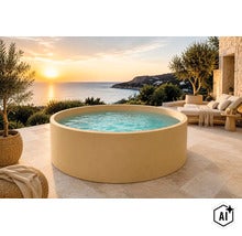 Runder Außenpool auf einer Terrasse mit Meerblick bei Sonnenuntergang, Liegestühlen und Olivenbäumen. (Image AI modified or generated)