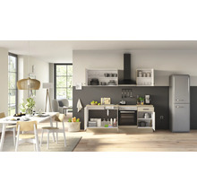 Moderne Wohnküche mit offener Küchenzeile, integriertem Backofen, Dunstabzugshaube und freistehendem Retro Kühlschrank in einem hellen Wohnbereich.