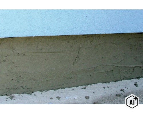 Frisch aufgetragener Sockelputz an einer Hauswand unterhalb der verputzten Fassade. (Image AI modified or generated)