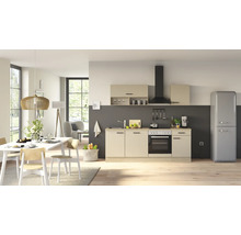 Moderne Wohnküche mit beigen Fronten, integriertem Elektroherd, Dunstabzugshaube und freistehendem Retro-Kühlschrank in offenem Wohnbereich.