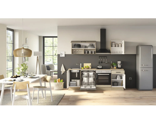 Moderne Einbauküche mit integriertem Geschirrspüler, Backofen, Spüle und Hängeschränken in einem offenen, hellen Wohn- und Essbereich.