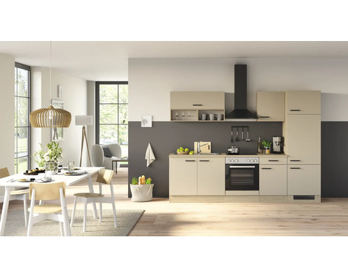 Moderne Einbauküche mit hellen Fronten, Dunstabzugshaube und Elektrogeräten in offener Wohnküche mit Essbereich.