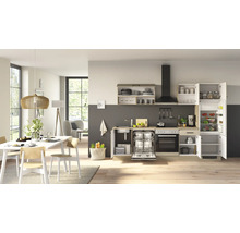 Moderne Küchenzeile in einem hellen Wohnraum mit integrierten Elektrogeräten, Spüle und Essbereich mit Holztisch und Stühlen.