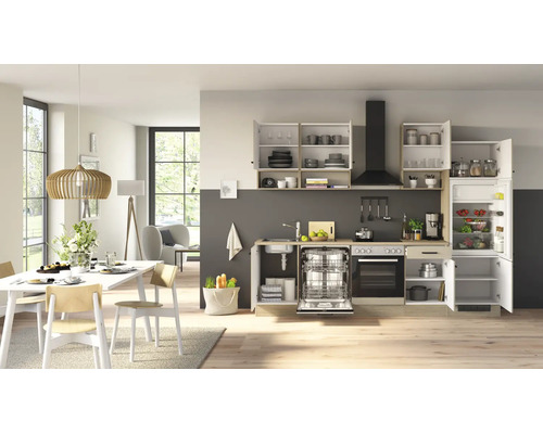 Moderne Einbauküche mit offener Schrankfront, integriertem Geschirrspüler, Backofen, Dunstabzugshaube und Kühlschrank in einem hellen Wohnbereich.