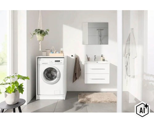 Modernes, helles Badezimmer mit weißem Waschmaschinenumbau, wandhängendem Waschtisch mit Unterschrank und Spiegel. (Image AI modified or generated)
