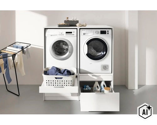 Modularer Waschmaschinenschrank und Trocknerschrank mit ausziehbarer Ablage für Wäschekorb und Schubladen für Waschmittel. (Image AI modified or generated)