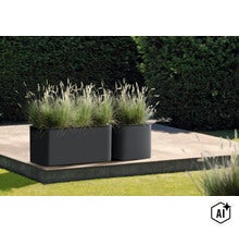 Zwei moderne, dunkle Pflanzkübel mit Ziergras auf einer Terrasse im Garten. (Image AI modified or generated)