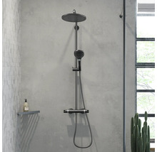 Duschsystem mit Kopfbrause und Handbrause sowie Thermostatarmatur an einer Wand montiert in einem modernen Badezimmer mit Dekoration.