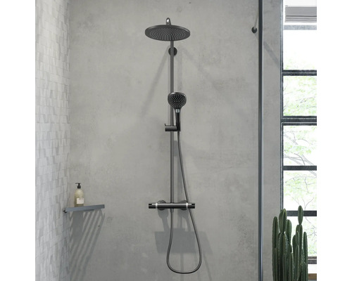 Duschsystem mit Kopfbrause und Handbrause sowie Thermostatarmatur an einer Wand montiert in einem modernen Badezimmer mit Dekoration.