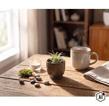 Tillandsia Luftpflanze im dekorativen Keramiktopf auf einem Holztisch neben einer dampfenden Tasse und einer brennenden Kerze. (Image AI modified or generated)
