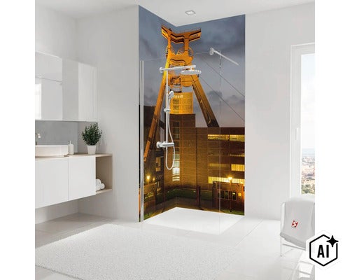 Moderne Duschrückwand mit dem Motiv Zeche Zollverein in einer barrierefreien Dusche in einem hellen Badezimmer. (Image AI modified or generated)