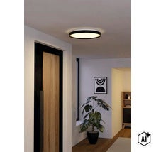 Flache, runde LED-Deckenleuchte mit schwarzem Rahmen, leuchtend in einem modern eingerichteten Flur mit Holztür und Pflanze. (Image AI modified or generated)