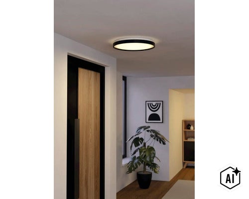 Flache, runde LED-Deckenleuchte mit schwarzem Rahmen, leuchtend in einem modern eingerichteten Flur mit Holztür und Pflanze. (Image AI modified or generated)