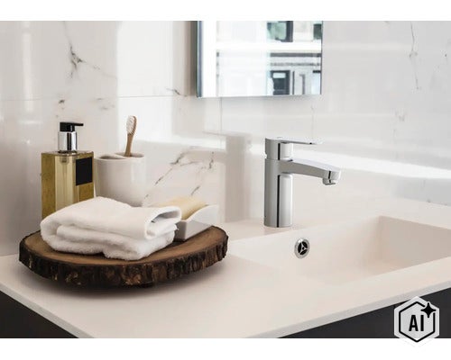 Moderne Waschbeckenarmatur aus Chrom mit Einhebelmischer auf einem Waschbecken vor einer Wand mit Marmorfliesenoptik im Badezimmer. (Image AI modified or generated)