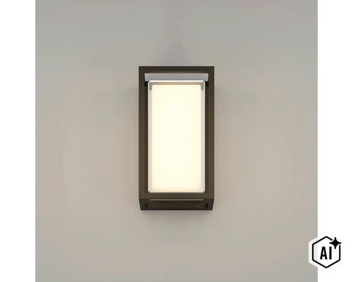 Moderne rechteckige Außenwandleuchte mit integrierter LED-Beleuchtung für eine gleichmäßige Lichtverteilung. (Image AI modified or generated)