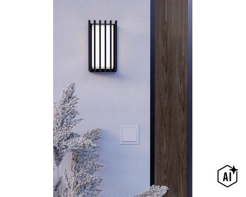 Moderne Wandleuchte mit Lamellen Design an einer Hausfassade neben einem Lichtschalter. (Image AI modified or generated)