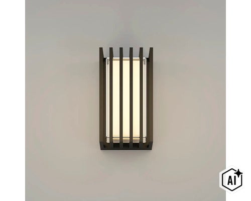 Moderne Wandleuchte in rechteckiger Form mit Gitterstruktur für den Außenbereich (Image AI modified or generated)