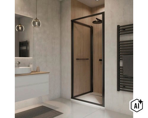 Modernes Badezimmer mit begehbarer Dusche mit schwarzem Rahmen, Holzoptik Paneelen und Wandheizkörper in einem hellen und organisierten Raum. (Image AI modified or generated)
