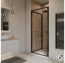 Modernes Badezimmer mit Glasduschkabine in schwarzem Profilrahmen, Waschbecken, Spiegel und Handtuchheizkörper in einer hellen Wohnumgebung. (Image AI modified or generated)