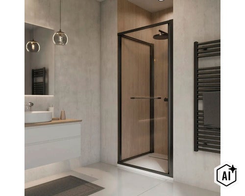 Modernes Badezimmer mit Glasduschkabine in schwarzem Profilrahmen, Waschbecken, Spiegel und Handtuchheizkörper in einer hellen Wohnumgebung. (Image AI modified or generated)