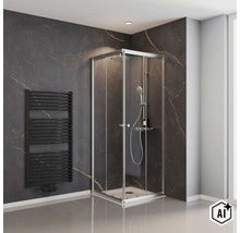 Moderne Eckduschkabine mit Glaswänden und Duschsystem in einem Badezimmer mit dunklen Marmorfliesen und Handtuchheizkörper. (Image AI modified or generated)
