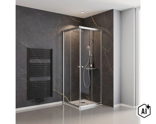 Moderne Eckduschkabine mit Glaswänden und Duschsystem in einem Badezimmer mit dunklen Marmorfliesen und Handtuchheizkörper. (Image AI modified or generated)