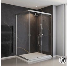 Moderne Eckdusche mit Schiebetüren und Duschpaneel in einem eleganten Badezimmer mit dunklen Marmorfliesen. (Image AI modified or generated)