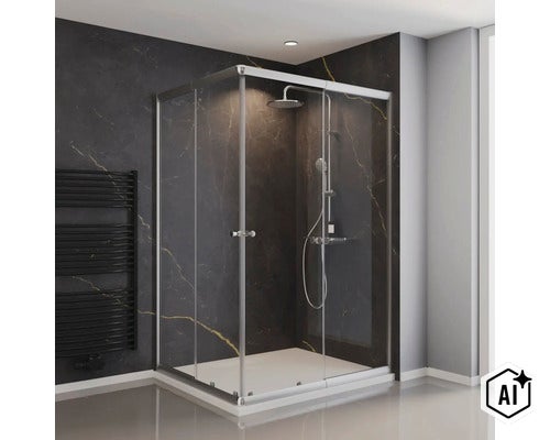 Moderne Eckdusche mit Schiebetüren und Duschpaneel in einem eleganten Badezimmer mit dunklen Marmorfliesen. (Image AI modified or generated)