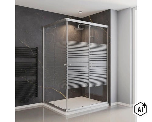 Moderne Eckdusche mit Schiebetüren aus Klarglas mit horizontalem Streifendekor in einem Badezimmer mit dunkler Marmorwand. (Image AI modified or generated)