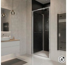 Modernes Badezimmer mit Glas Duschkabine, Waschbecken und beheizbarem Handtuchhalter im minimalistischen Design. (Image AI modified or generated)